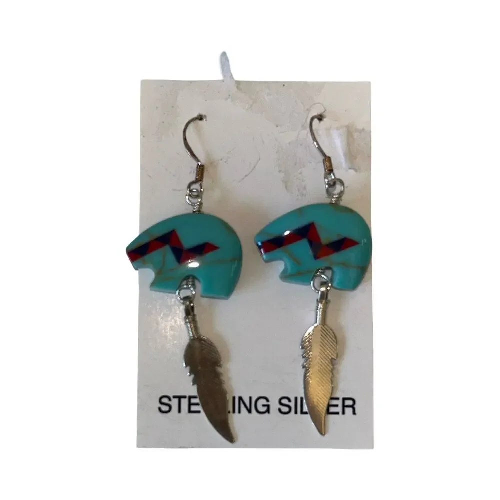 Genuine Turquoise & Sterling Silver Bear Earrings - Picture 2 of 3